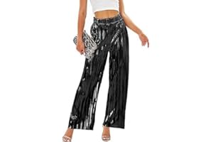 WANLUOSUX Women's Shiny Pleated Wide Leg Pants Party High Waist Casual Women's Clubwear