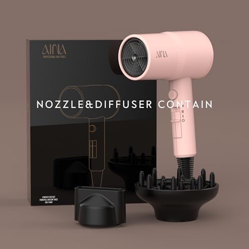 AINA Hair Dryer with Diffuser, Blow Dryer for Women | Advanced Ionic Technology, Ceramic Coating | Cold Shot Features Turbo Heat for Fast Drying and Shine 110V (Babe Pink)