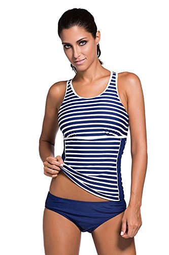 REKITA Women Two Piece Swimsuits Stripes Raceback Tankini Top with Bikini Bottom Set Bathing Suits,Small,Blue and white