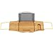 SONGMICS Extendable Bamboo Bathtub Caddy Tray Adjustable Side Rubber Grips Stainless Steel Rack Bathroom Organizer with Holder Rack for Wine Books iPad Phone UBCB22Y