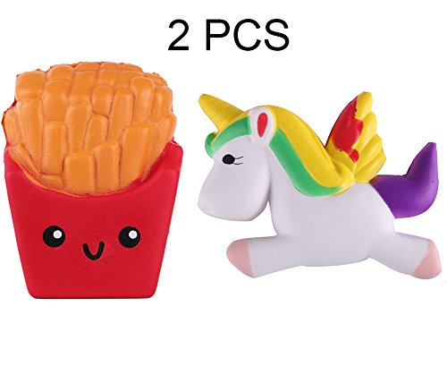 Anboor 2 Pcs Jumbo Squishies Scented Slow Rising Kawaii Squishies Unicorn and French Fries Squishies Stress Relief Toy for Collection Gift,Color Random