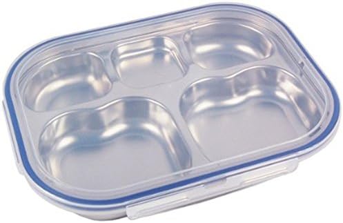 Stainless Steel Tray Storage Containers Divided Dinner Snack Plate Kids Baby Plate Diet Plate Diet Food Control Tray (Heart style Blue)