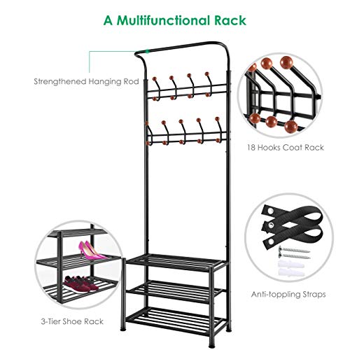 TomCare Coat Rack with 3Tier Shoe Rack Hall Tree Entryway Bench