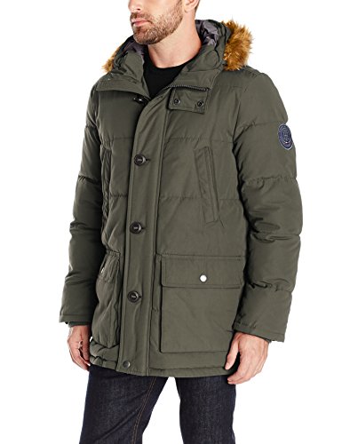 Tommy Hilfiger Men's Arctic Cloth Full Length Quilted Snorkel With Removable Faux Fur Trimmed Hood and Ultra Loft Isulation, Dark Forest, L