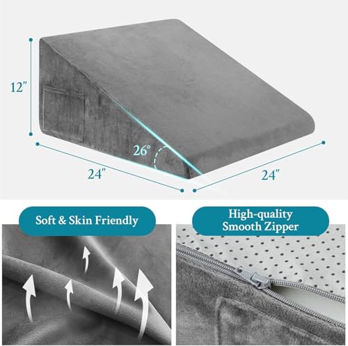 Wedge Pillow for Sleeping, 8 inch Bed Wedge Pillow, Elevated Body Pillow for Back Support, Acid Reflux, Leg, Neck Pain, Snoring, Triangle Pillow - Cooling Memory Foam Top (Grey)