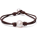 Ao Bei Single Cultured Freshwater Pearl Leather Bracelet Handmade Pearls Jewelry for Women - Brown White 7