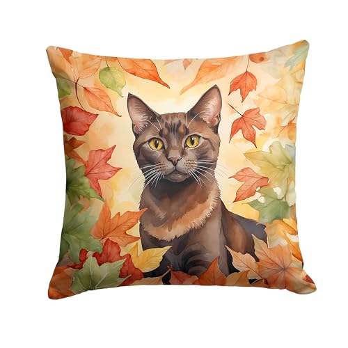 Caroline's Treasures Havana Brown Cat in Fall Leaves Throw Pillow Machine Washa…