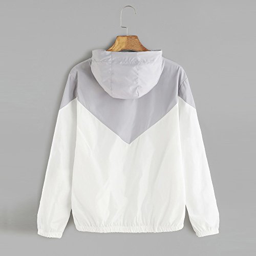 Women's Color Block Drawstring Long Sleeve Hooded Zip Up Sports Jacket Windproof Windbreaker (Grayk/White, S)