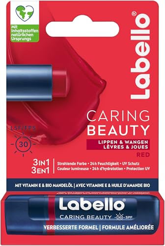 Labello Caring Beauty Red Baume à lèvres avec couleur et protection solaire, soin des lèvres coloré SPF 30, vitamine E et huile d'amande bio - Baume à lèvres pour lèvres et joues (4,8 g)