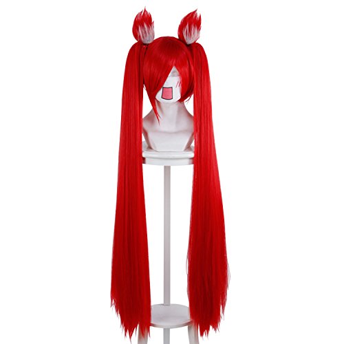 Cfalaicos 40'' Long Red Straight Cosplay Wig + 2 Ponytails + 2 Ears