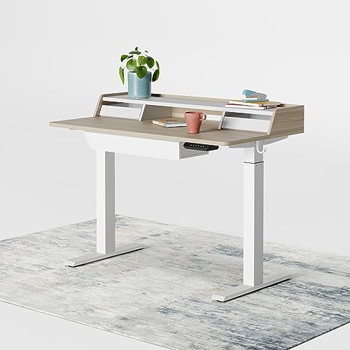 FEZIBO Standing Desk Adjustable Height with Drawers, 48 x 25 Inch Stand Up Desk with Storage Shelf, Electric Standing Desk with Storage Space, Light Walnut Top/White Frame
