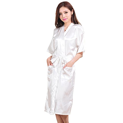 Amzchoice Women's Long Satin Kimono Wedding Party Getting Ready Robe With Gold Glitter (White, S) - Thumbnail 2