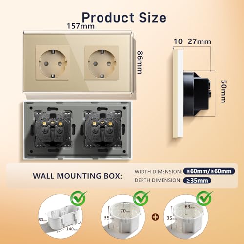 BSEED Schuko Double Socket with Glass Plate, Gold, 16 A, 250 V, Extension Sockets for Kitchen, Bedroom, Office, Hotel, etc.