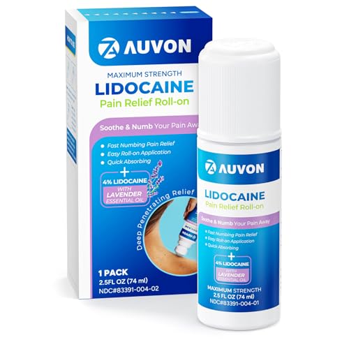 AUVON Lidocaine Roll-On with Essential Oil, No Mess Applicator, Max Strength Lidocaine,Quick Absorbing to Numb & Soothe Pain Relief for Knees, Shoulders, FSA/HSA Eligible, Lavender, 2.5 OZ, 1 Pack