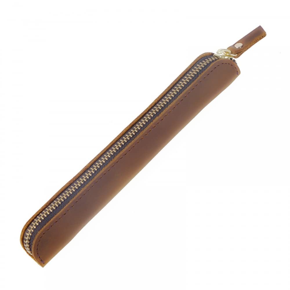 MiOYOOW Leather Pen Case, Head Layer Cowhide Pencil Pouch Retro Slim Pen Holder with Retaining Strap for Office College Travel — image 1