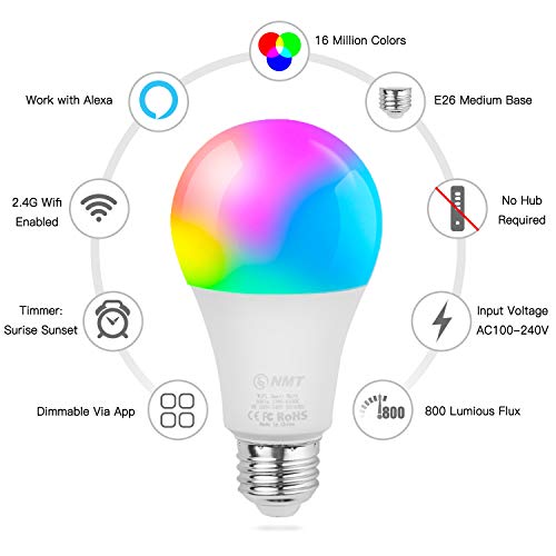 Smart WiFi LED Light Bulb A19 800Lm, Color Changing, Dimmable, No Hub Required, iOS/Android Smartphone APP Remote Control Home Night lamp, Work with Alexa & Google Assistant (2 Pack)