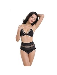 ROVLET traje de baño de dos piezas de cintura alta para dama con borla acolchada y malla en la parte superior