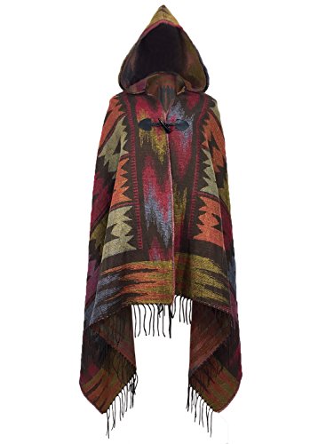 Futurino Women's Winter Boho Jacquard Plaid Hooded Poncho Cape Coverup OneSize Bronze