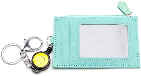Whatsin Credit Card Holder Card Case Wallet Purse Leather Cards Case Badge Photo Holder w/ Retractable Reel Keychain for Women Men (Green)