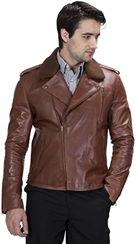 United Face Mens Fur Collar Lambskin Leather Biker Jacket X-Large Brown