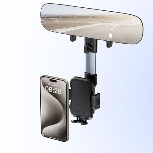 WinDu Rear View Mirror Phone Holder, 2025 Blue HD Panoramic 11.8'' Rearview Mirror with 360° Adjustable Phone Holder for Car SUV Trucks, 2 in 1 Cell Phone Car Mount for iPhone Android All Smartphone