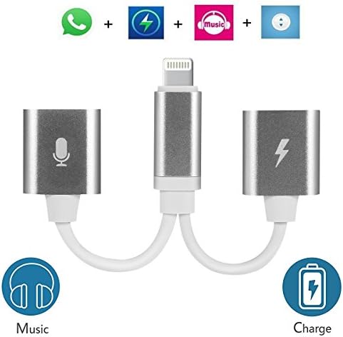 Silver iPhone 7 Adapter &amp; Splitter, Vidanes 2 in 1 Lightning Adapter , Double Lightning Headphone Audio &amp; Charge &amp; Call Converter for iPhone 7/7 Plus Compatible for iOS 11(Silver)