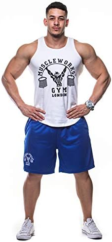 Muscle Works Gym Mens Fitness Shorts Mesh Airtex Training MMA Boxing Shorts Blue Dri Fit