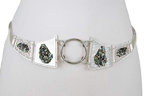 TFJ Women Belt Silver Metal Chain Hip High Waist Beads Cenetr Ring Plus M L XL