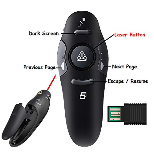 VizGiz Powerpoint Clicker with Laser Pointer Presentation Remote Control and Red Light Point Universal RC RF 2.4GHz Wireless USB PPT Presenter Controller Slide Flip Pen for School Teaching Business