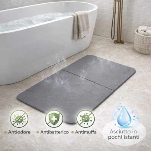 KLOTI Diatomite Bathroom Rug, Non-Slip Bath Mat, Absorbent Shower Mat, Non-Slip Bath Mat, Quick Drying Anti-Mildew, 60 x 39 cm, Grey