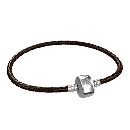 Leather Charm Bracelet For Men, Stainless Steel Clasp, Brown 8 Inch