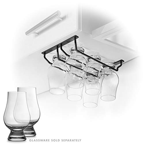 CairnCradle Whiskey Glass Rack - Under Cabinet Whisky Tasting Glasses Holder Storage Hanger Metal Organizer for Bar Kitchen (2 Across x 3 Deep, Matte Black)