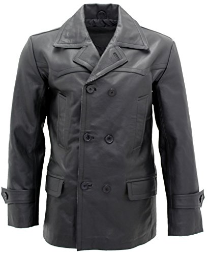 Men's Black German Naval Dr Who Cow Hide Leather Pea Coat 5XL