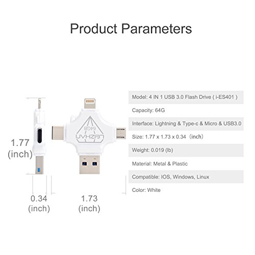 4 in 1 Flash Drive 64 GB for iPhone X 8 7 6s 5s iPad, USB C Thumb Drive for Samsung Galaxy S10 S9 S8, USB Flash Drive for Samsung Galaxy 7 Android Phone, USB 3.0