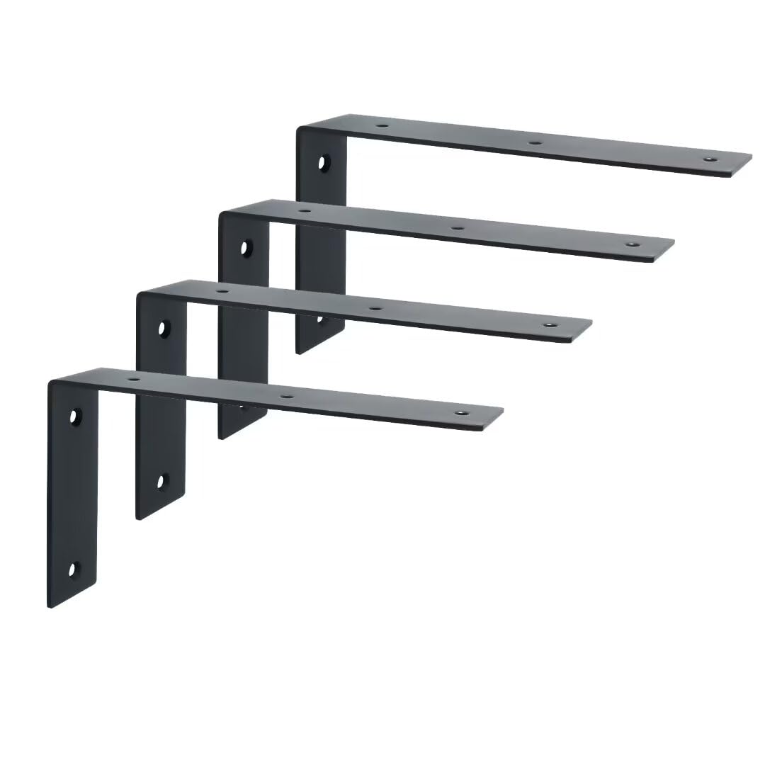 Shelf Brackets, 4 Pcs Widen L-Shape Brackets for Wall Shelves, Stainless Steel 90° Right Angle Shelf Support for Wood, Black(226*126*45mm)
