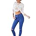 Froomer Women Sexy Lace Hollow Crop Tops Long Sleeve Zipper Blouse White L