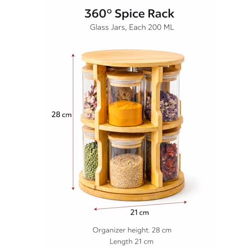 360° Rotating Spice Rack Organizer – 10 Glass Jars (200ml Each) with Bamboo Wooden Stand – Kitchen Countertop Storage Carousel – Space Saving Masala Organizer