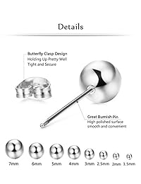 ORAZIO - 8 pares de pendientes redondos de bola de acero inoxidable para mujer y hombre, varios tamaños, 0.059-0.276 in, 3 colores