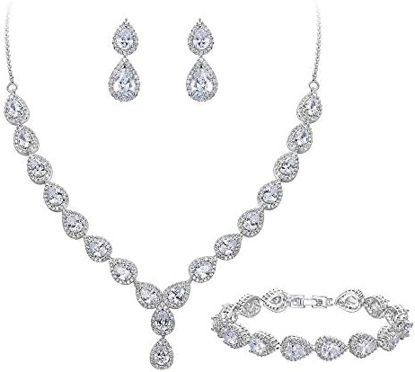 Clearine Women's Wedding Bridal Teardrop CZ Infinity Figure 8 Y-Necklace Tennis Bracelet Dangle Earrings Set