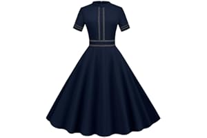 MZKDIEEY Women's 1950s Vintage Audrey Hepburn Style Cocktail Swing Dresses Short Sleeve Stand Collar Midi Tea Party Dress