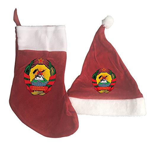 CYISOK Christmas Stocking and Hat Set Mozambique National Emblem Classic Christmas Decorations Santa Hat Stocking