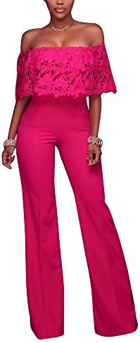 Bestdress Women's Sexy Off Shoulder Lace Top High Waist Long Wide Leg Jumpsuit Rompers Small Rose