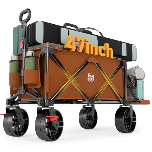 TIMBER RIDGE 47"L Collapsible Folding Wagon with Tailgate, 550lbs Heavy Duty Beach Wagon with All-Terrain Big Wheels, 250L Foldable Utility Wagon Cart for Sand Camping Sports Shopping, Orange Image