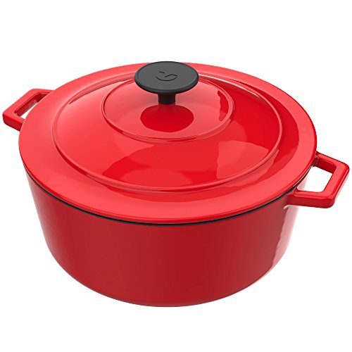 Click Here to See More Images Vremi Enameled Cast Iron Dutch Oven Pot with Lid - 6 Quart Capacity for Preparing Low and Slow Cooking Meals - Electric Gas Stove Top Oven Compatible Cookware - Deep Large Ovenproof - Red