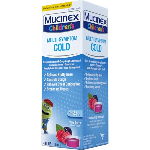 MUCINEX CHILDREN’S MULTI-SYMPTOM COLD MEDICINE, KIDS COUGH MEDICINE, MUCINEX KIDS MEDICINE/DECONGESTANT WITH DEXTROMETHORPHAN HBR, GUAIFENESIN, PHENYLEPHRINE HCL, VERY BERRY FLAVOR LIQUID, 4 FL OZ