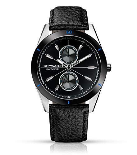 CITYWATCH Limited Edition Men's Watch with Black Leather Strap, Silver/Black SS Case CY010.02BL