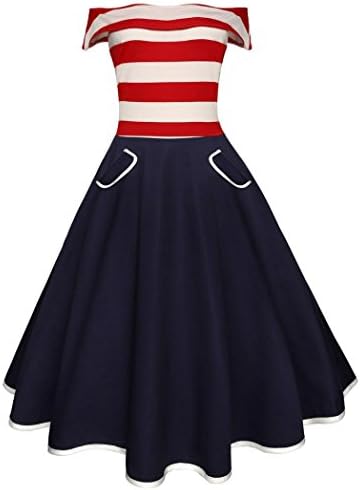 Qvwanle dress! Women Slash Neck Sleeveleless Midi Dress Vintage American Flag Printed Sriped Swing Dress with Pocket