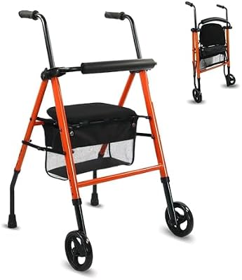 , Andador Plegable, Ligero, Nerón, con Asiento y Respaldo, 2 ruedas, Conteras Antideslizantes, Máx. 100 Kg, Cesta, Acero, Naranja