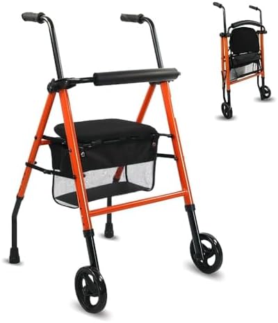 , Andador Plegable, Ligero, Nerón, con Asiento y Respaldo, 2 ruedas, Conteras Antideslizantes, Máx. 100 Kg, Cesta, Acero, Naranja