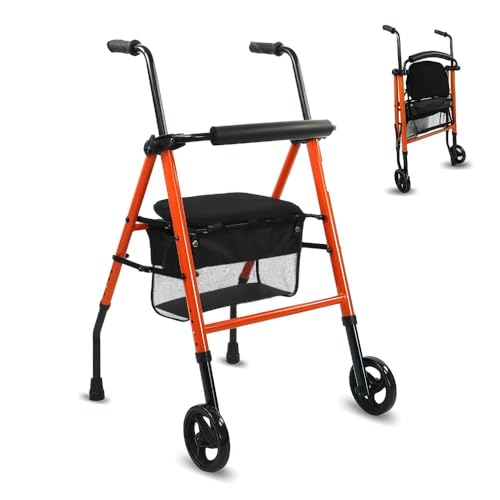 , Andador Plegable, Ligero, Nerón, con Asiento y Respaldo, 2 ruedas, Conteras Antideslizantes, Máx. 100 Kg, Cesta, Acero, Naranja